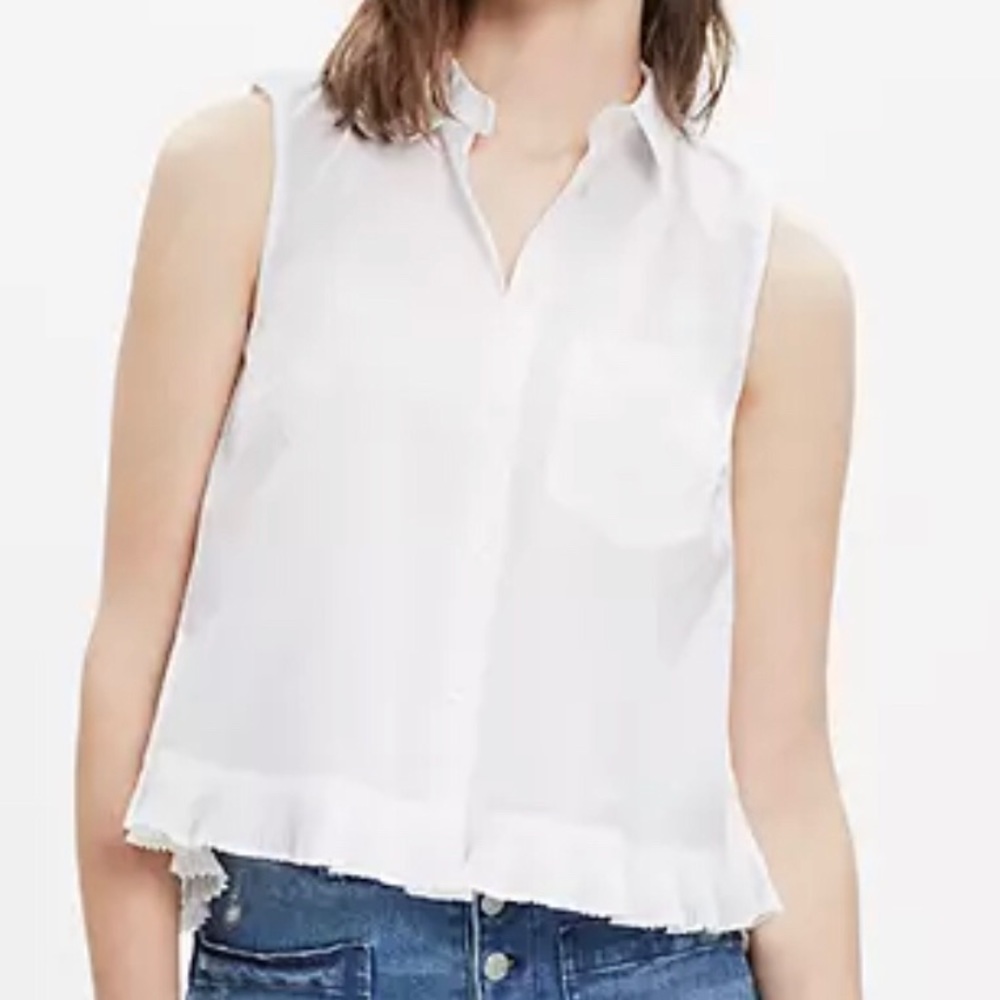 MADEWELL WHITE PAGODA SLEEVELESS PLEATED HEM SHIRT